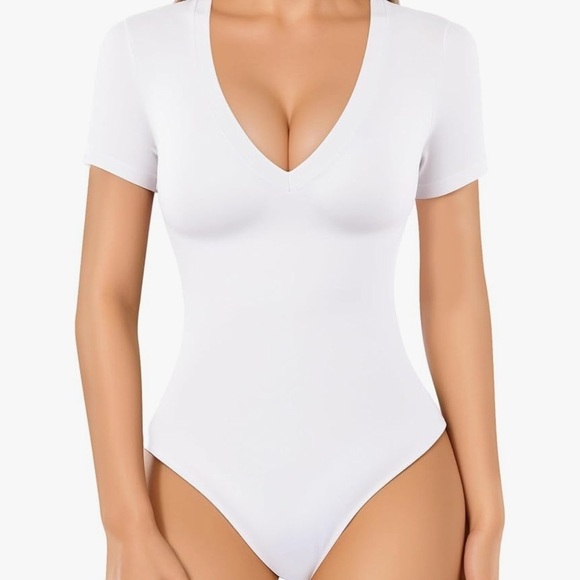 NWT MangoPop Modal V Neck Folded Over Short Sleeve Top Bodysuit - Picture 1 of 9